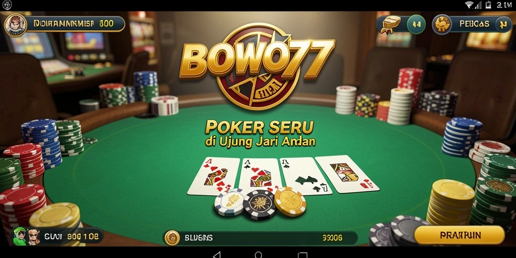 Screenshot <strong>BOWO77</strong> menunjukkan suasana meja poker yang seru dan interaksi pemain.