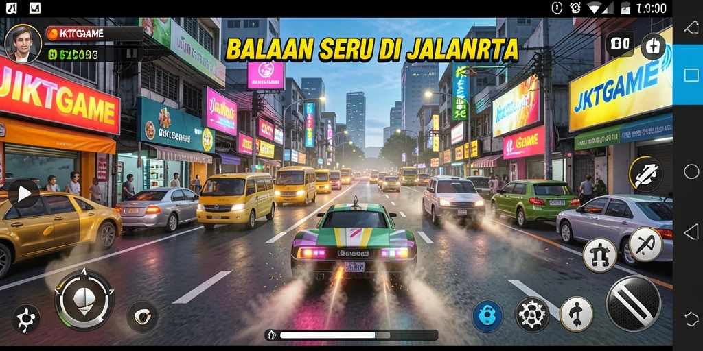 Gameplay seru JKTGAME di jalanan Jakarta, balapan penuh adrenalin.