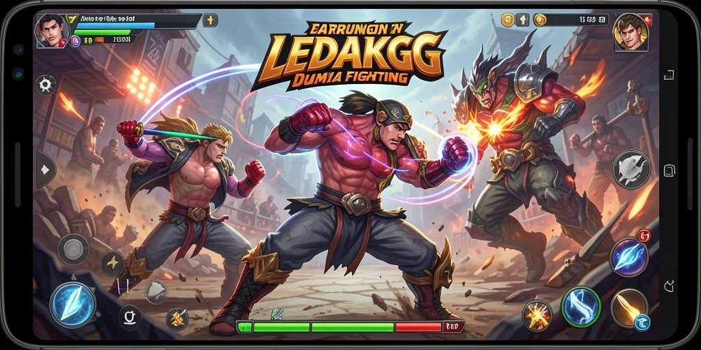 Screenshot utama LEDAKGG menampilkan aksi pertarungan antar karakter.